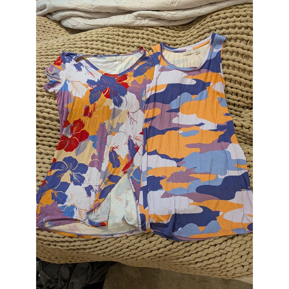 LOGO Lori Goldstein Womens XXS Top Lot 2 Floral Short Sleeve Camo‎ Sleeveless